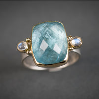 Venus Blue Topaz and Rainbow Moonstone Ring - size 8