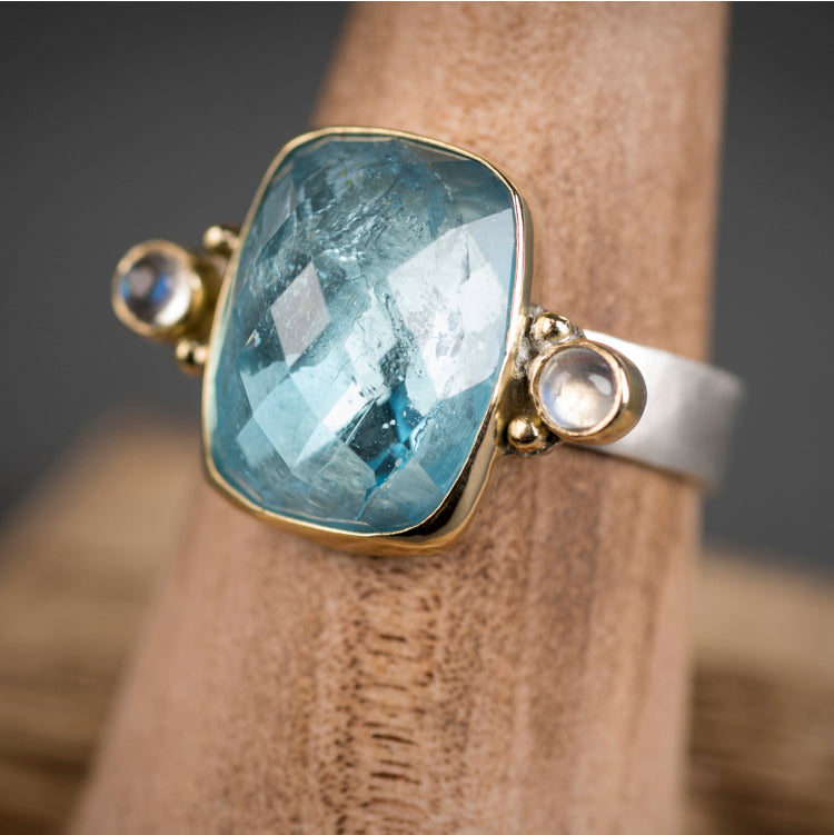 Venus Blue Topaz and Rainbow Moonstone Ring - size 8