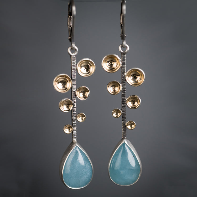Caspian Fern Leaf Earrings w/ Aquamarine Teardrops