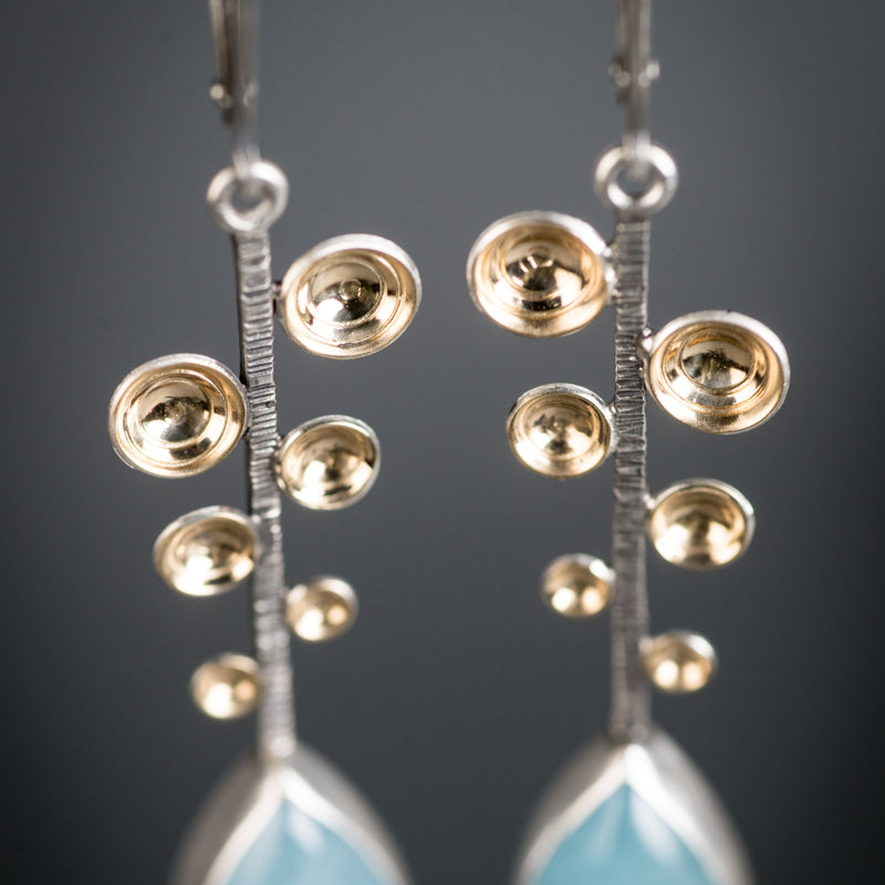 Caspian Fern Leaf Earrings w/ Aquamarine Teardrops