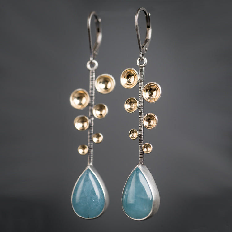 Caspian Fern Leaf Earrings w/ Aquamarine Teardrops