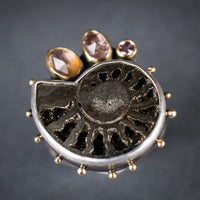Aurora Pyritized Ammonite & Sapphire Ring - size 8 1/2