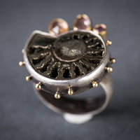 Aurora Pyritized Ammonite & Sapphire Ring - size 8 1/2