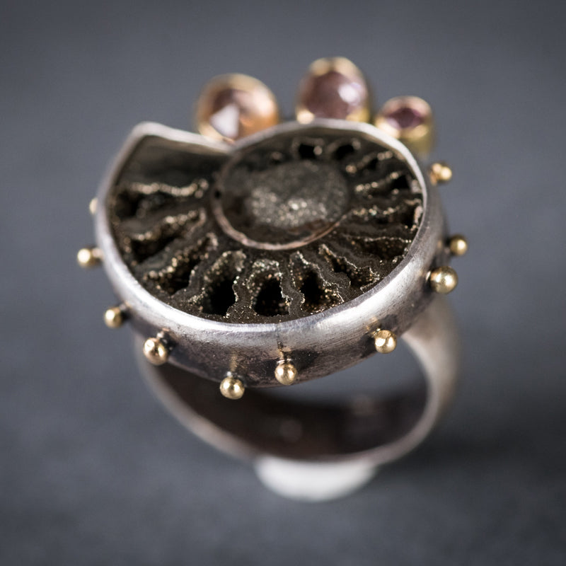 Aurora Pyritized Ammonite & Sapphire Ring - size 8 1/2