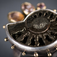 Aurora Pyritized Ammonite & Sapphire Ring - size 8 1/2