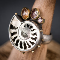 Aurora Pyritized Ammonite & Sapphire Ring - size 8 1/2