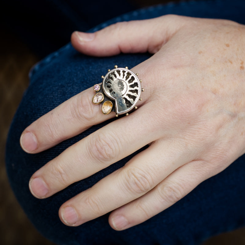 Aurora Pyritized Ammonite & Sapphire Ring - size 8 1/2