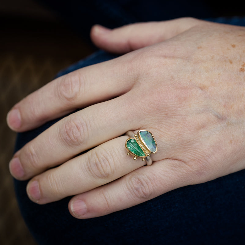 Aurora Emerald & Boulder Opal Ring - Size 6 1/2