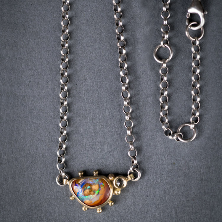 Aurora Boulder Opal and Diamond Necklace