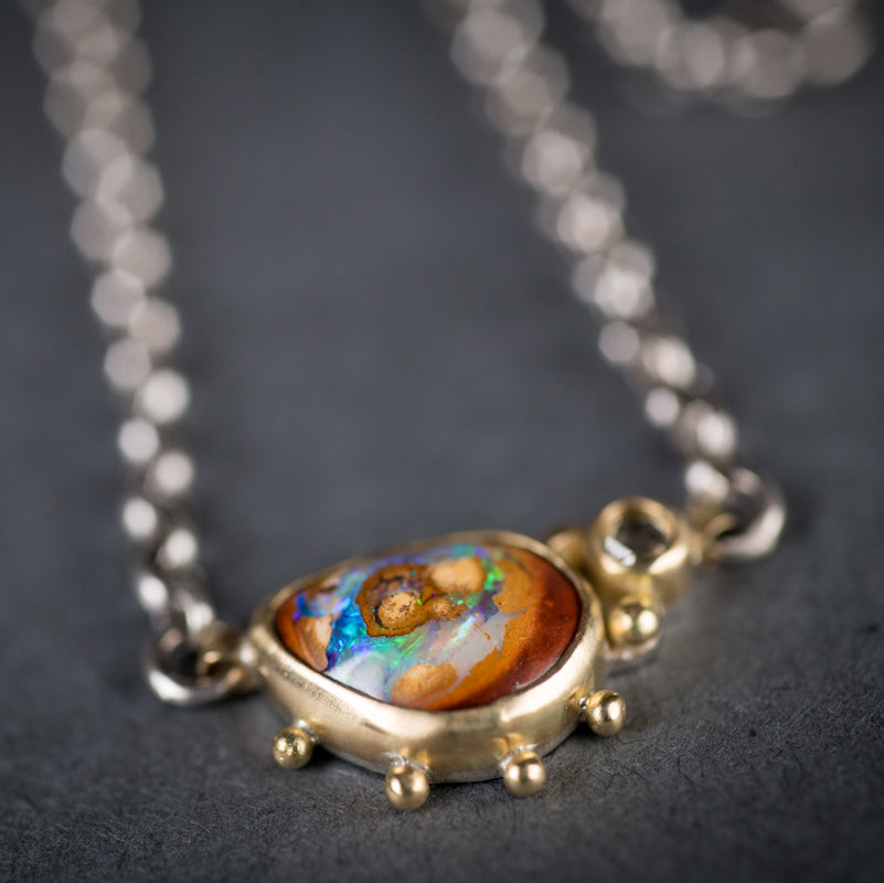 Aurora Boulder Opal and Diamond Necklace