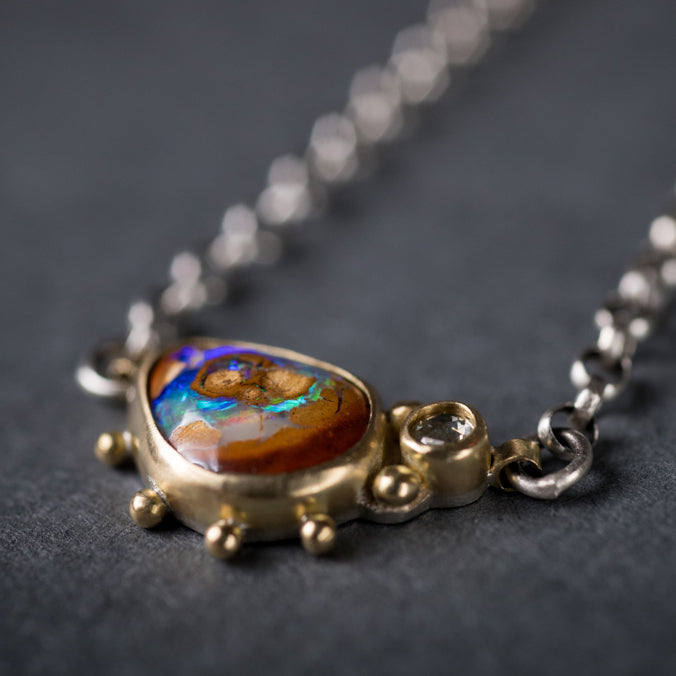 Aurora Boulder Opal and Diamond Necklace