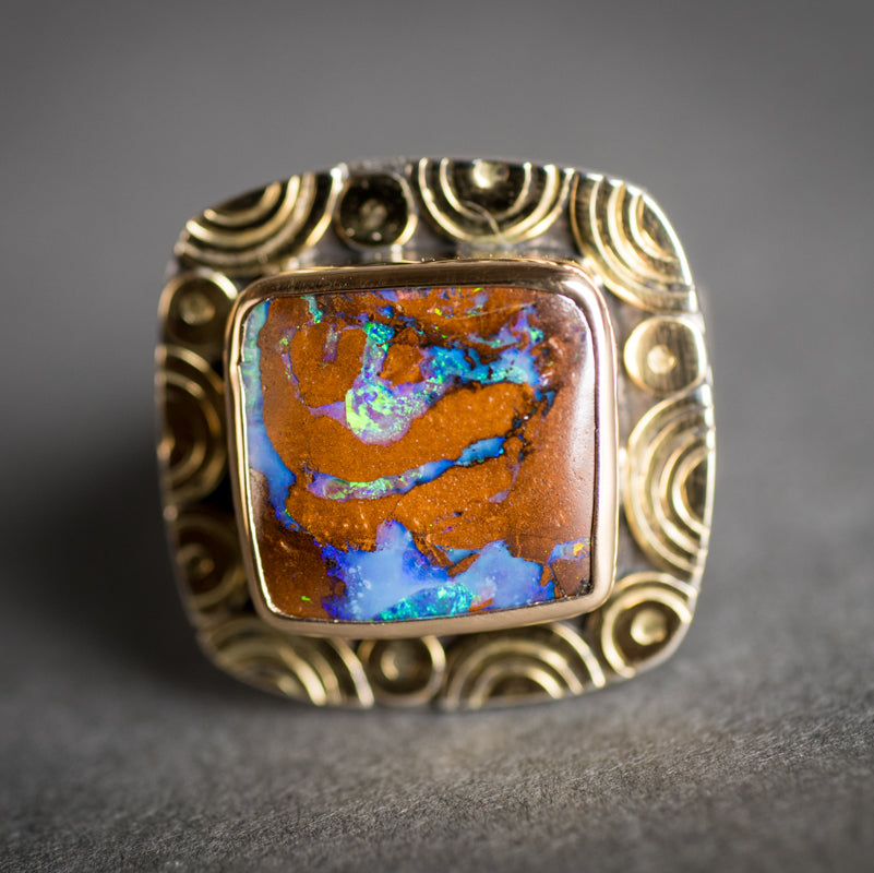 Mykonos Square Boulder Opal Ring w/ Chevron Saddle Band, Size 10