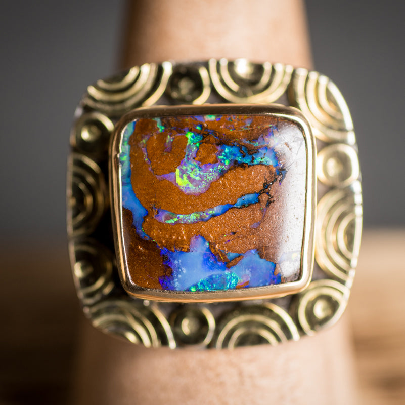 Mykonos Square Boulder Opal Ring w/ Chevron Saddle Band, Size 10
