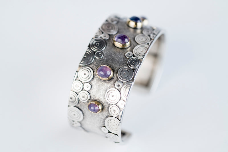 Aleutian Natural Sapphire Cuff Bracelet in 18k Gold & Silver