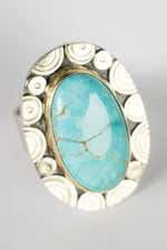 Mykonos Turquoise Ring w/ Chevron Saddle Band, Size 7