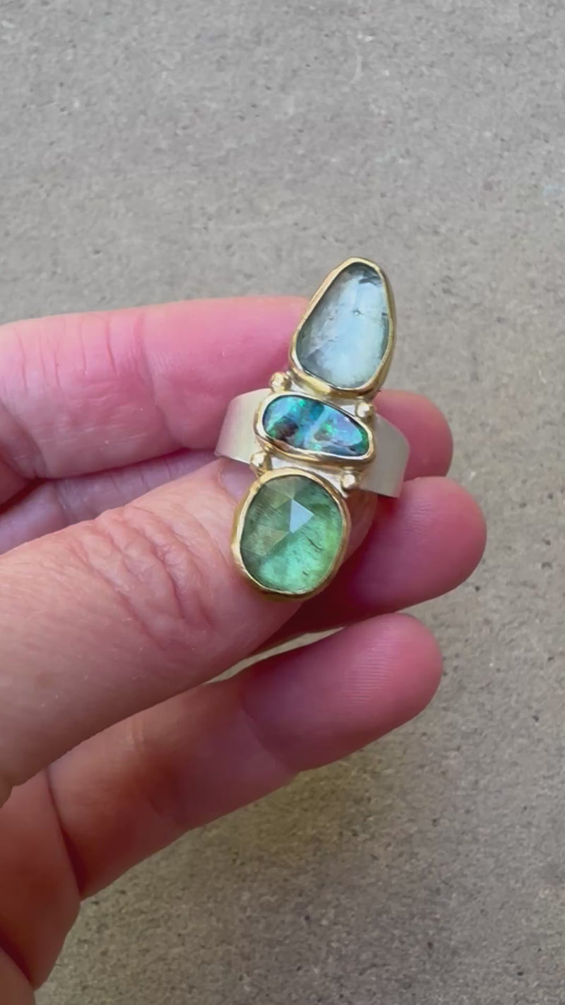 Aurora Boulder Opal, Green Tourmaline & Moss Aqua Ring - size 7 1/2