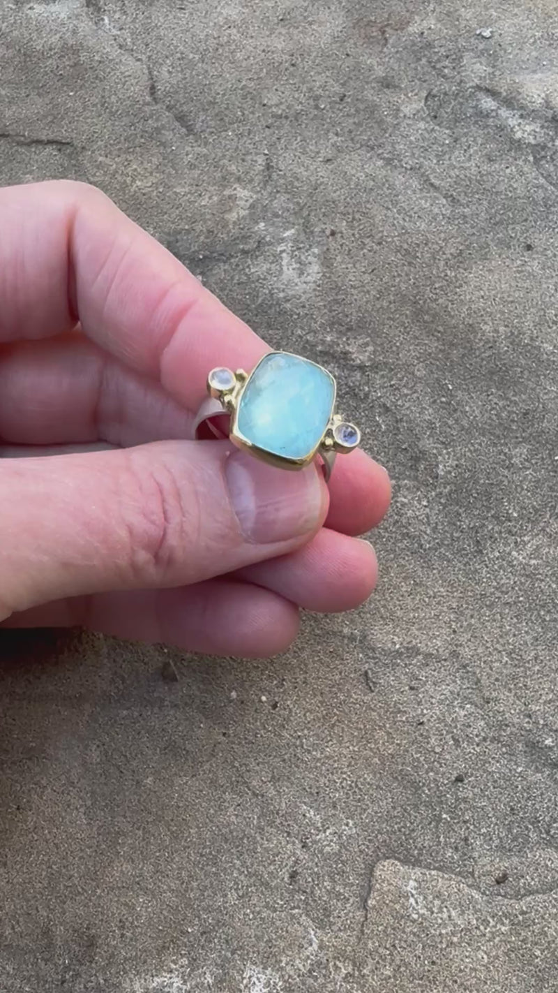 Venus Blue Topaz and Rainbow Moonstone Ring - size 8