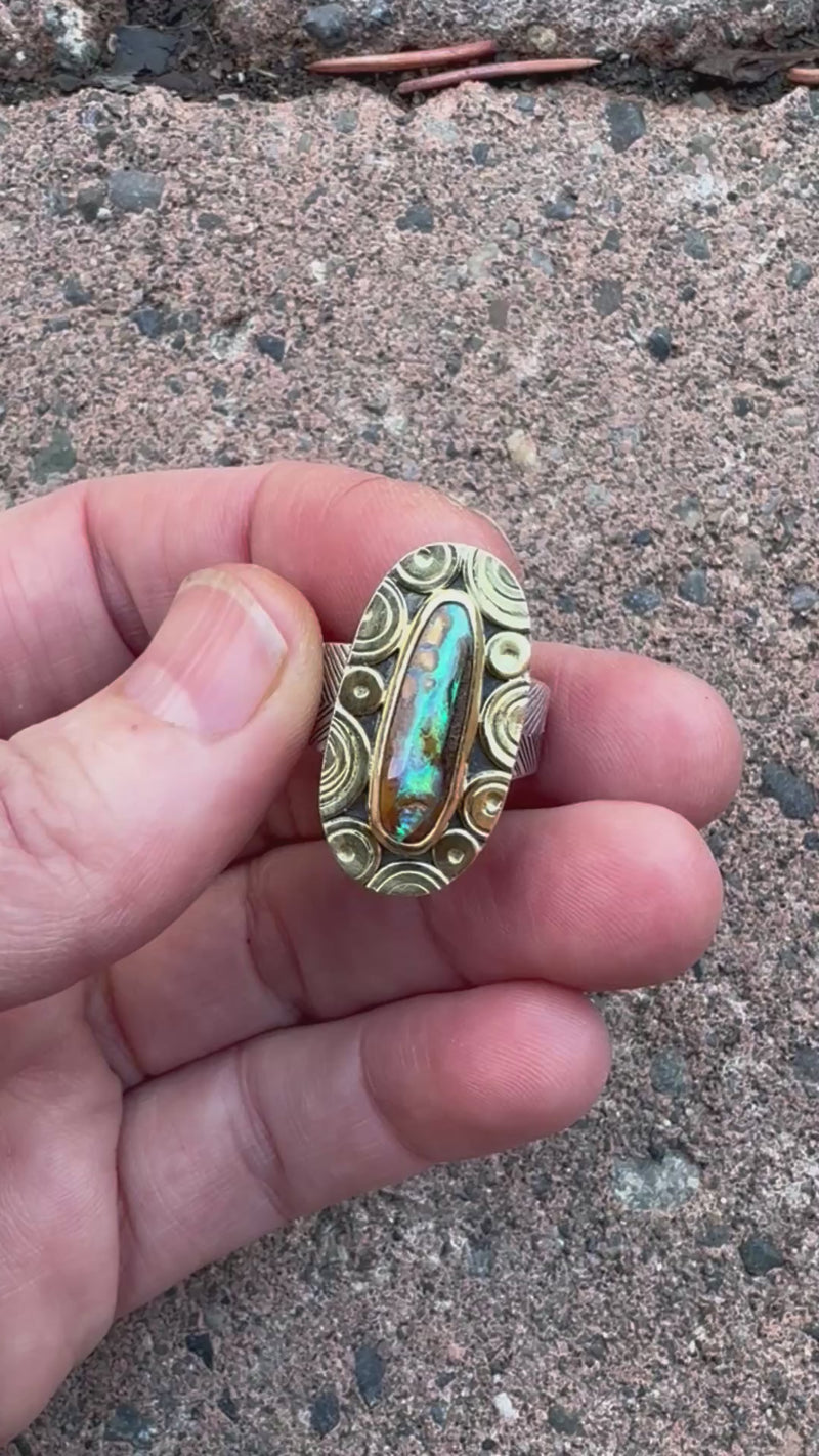 Mykonos Boulder Opal Ring w/ Chevron Saddle Band in Gold & Silver, Size 7