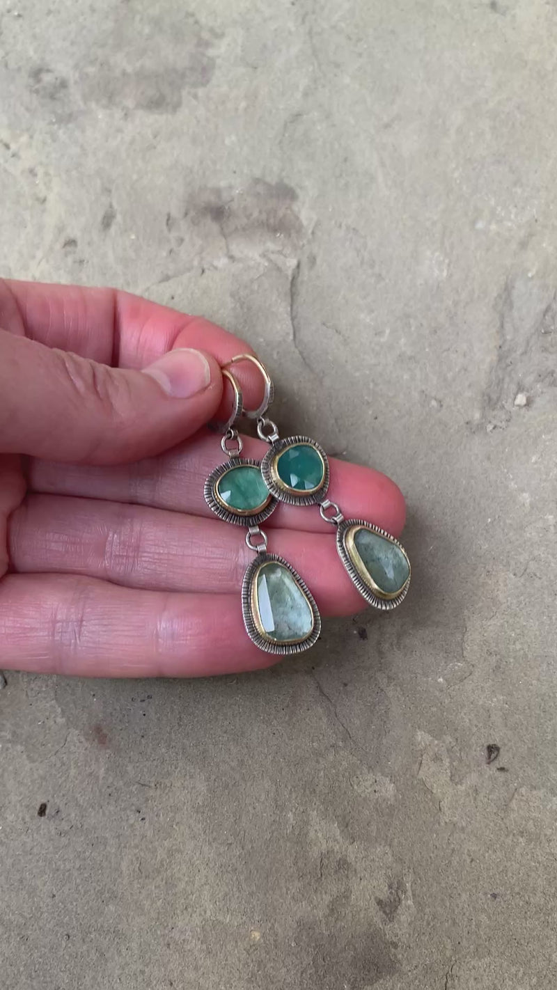 Tripoli Grandidierite & Moss Aquamarine Dangle Earrings on Hoops