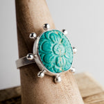 Hailey Bezel Set Carved Turquoise in Silver w/ Dot Halo