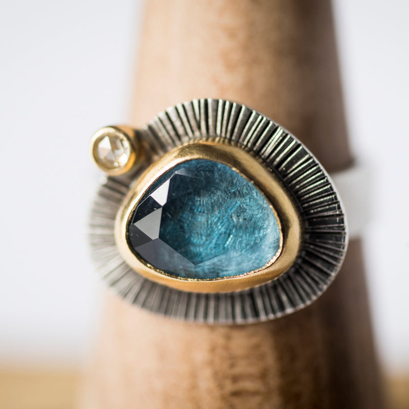 Milan London Blue Topaz & Diamond Ring in 18k Gold & Silver, Size 6