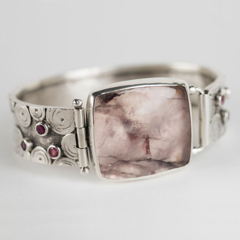 Attu Cherry Quartz, Tourmaline, Ruby & Rhodolite Garnet Cuff Bracelet