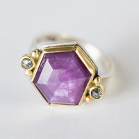 Venus Pink Sapphire Hexagon Ring w/ Salt & Pepper Diamonds, Size 7