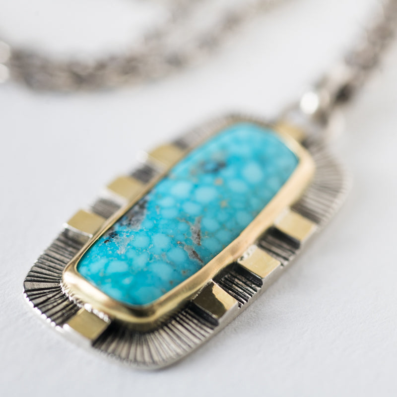 Sendai Rustic Kingman Turquoise Pendant in Gold & Silver