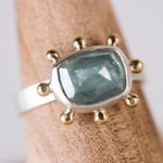 Hailey Grey Blue Tourmaline Ring w/ Gold Granule Halo, Size 7 1/4