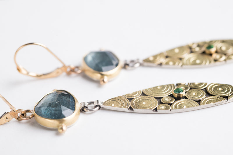 Antilles Moss Aquamarine & Emerald Earrings in Gold and Silver