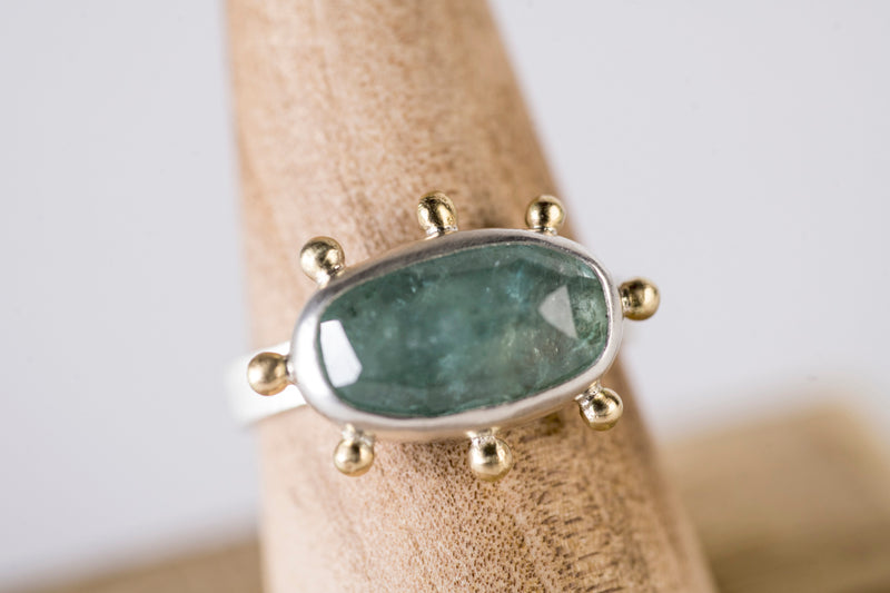 Hailey Blue Green Tourmaline Ring w/ Gold Granule Halo - Size 8