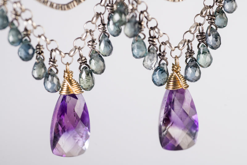 Galaxy Sapphire & Moss Amethyst Chandelier Earrings