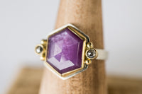 Venus Pink Sapphire Hexagon Ring w/ Salt & Pepper Diamonds, Size 7