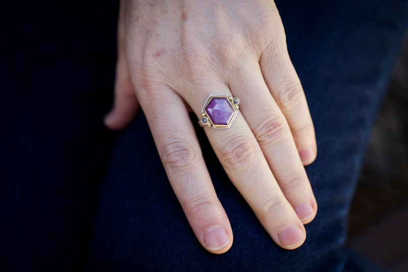 Venus Pink Sapphire Hexagon Ring w/ Salt & Pepper Diamonds, Size 7