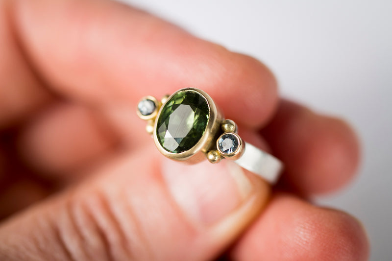 Venus green Tourmaline & blue green Sapphire Ring