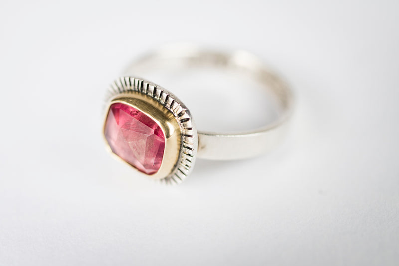 Sorento Pink Tourmaline in 18k Gold Bezel w/ Silver Ring, Size 6