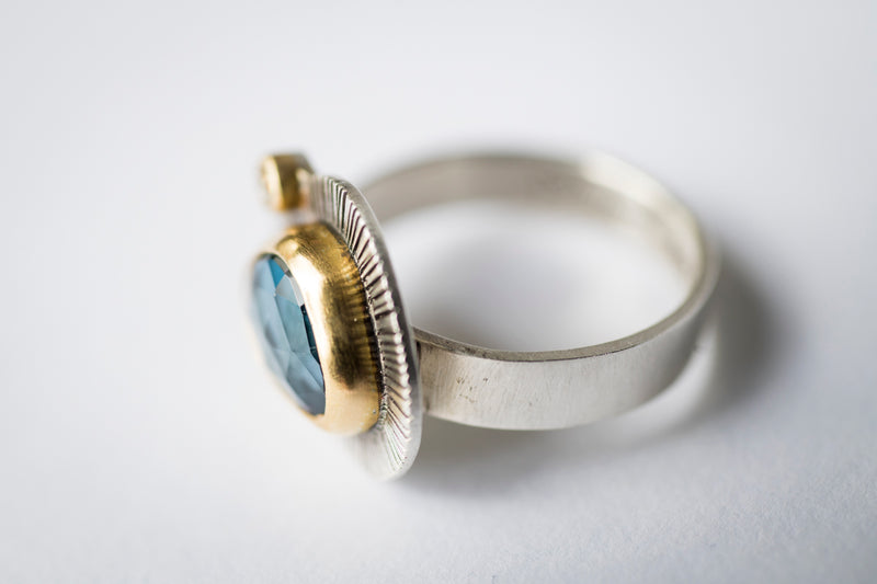 Milan London Blue Topaz & Diamond Ring in 18k Gold & Silver, Size 6