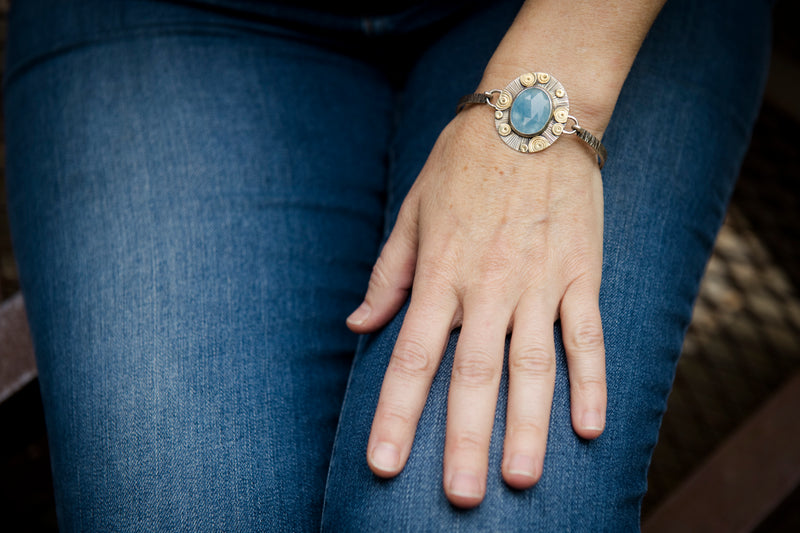 Sample Sale - Toledo Aquamarine Tension Cuff Bracelet in Silver and Gold