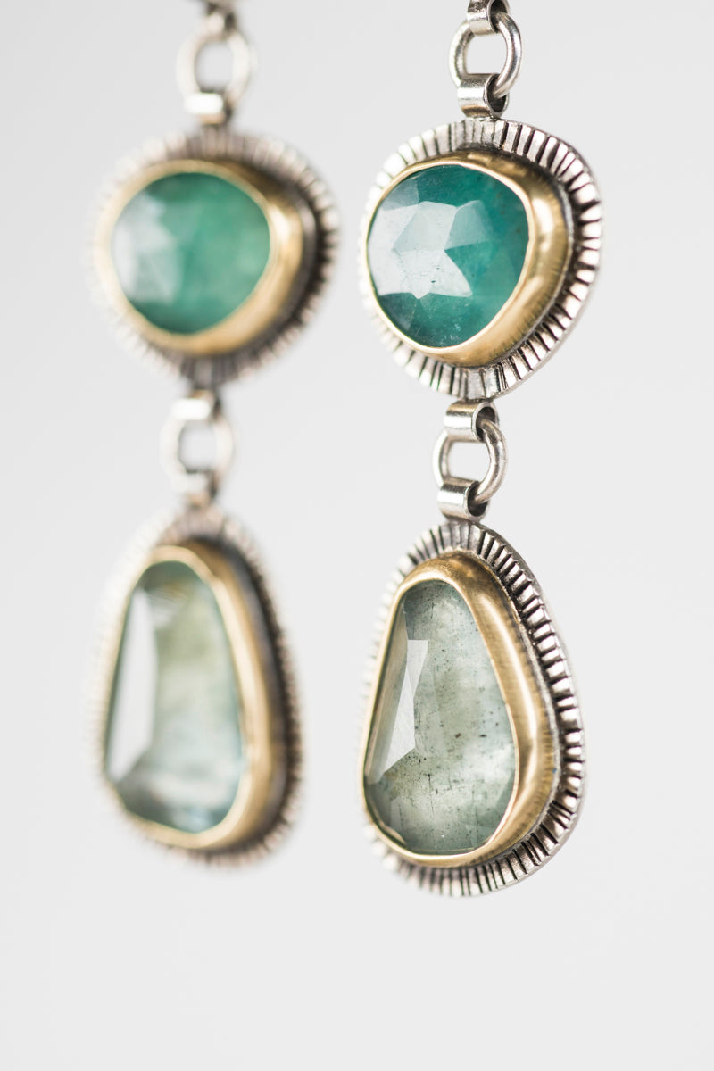 Tripoli Grandidierite & Moss Aquamarine Dangle Earrings on Hoops