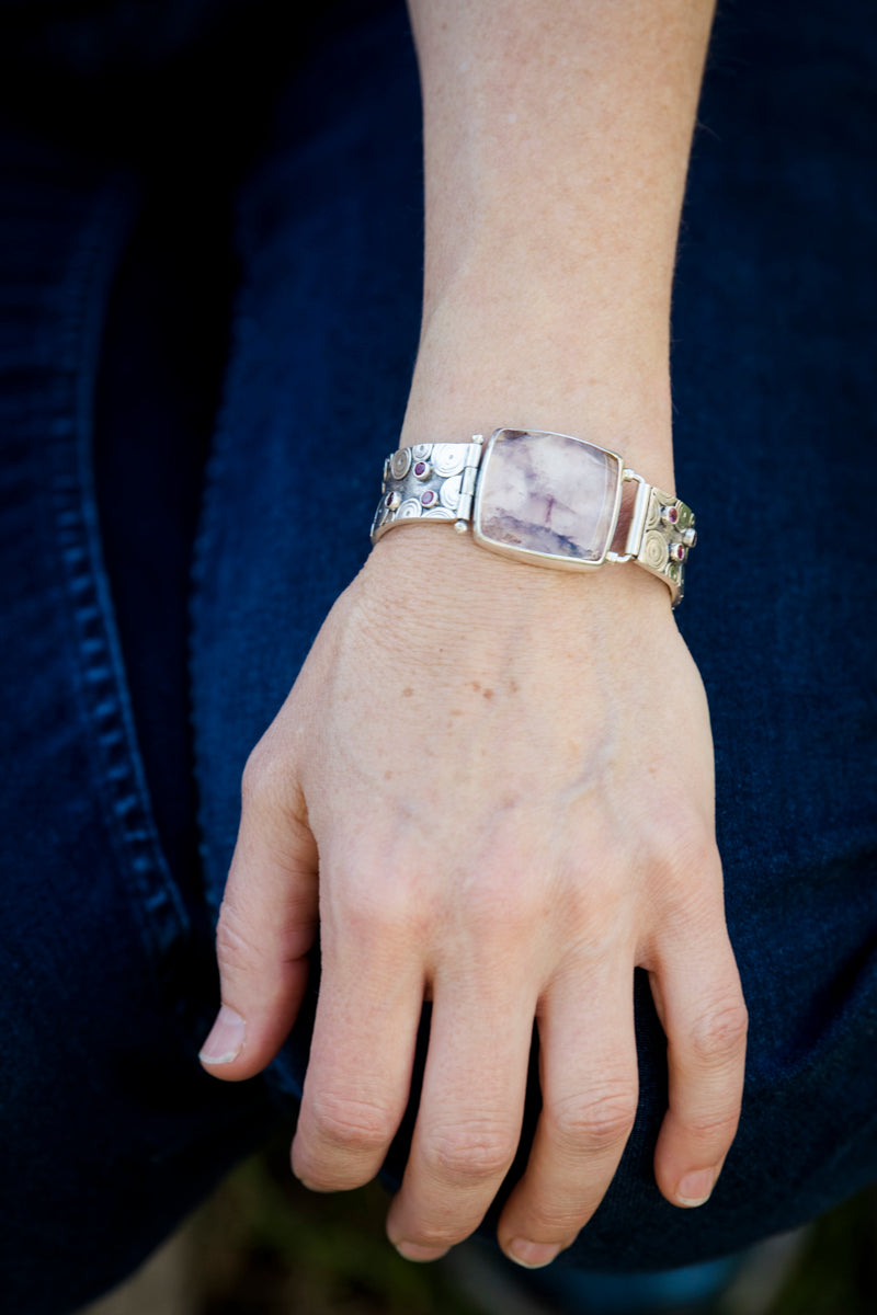 Attu Cherry Quartz, Tourmaline, Ruby & Rhodolite Garnet Cuff Bracelet