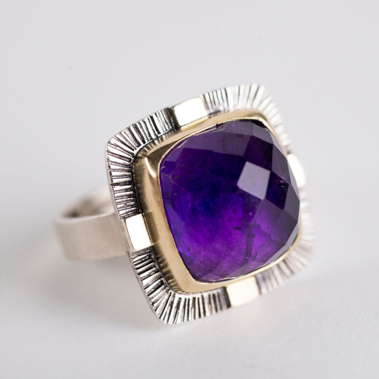 Sendai Checker cut Amethyst Ring in 18k Gold & Silver - size 7