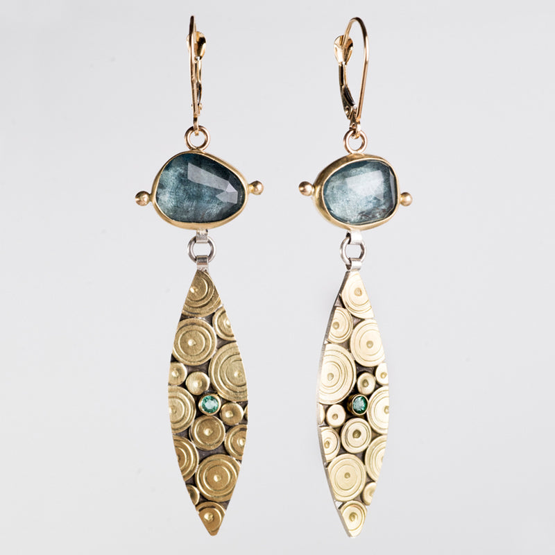 Antilles Moss Aquamarine & Emerald Earrings in Gold and Silver