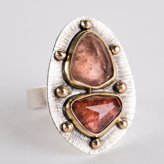 Turin Peach Tourmaline Ring in 18k Gold & Silver -size 7 1/4