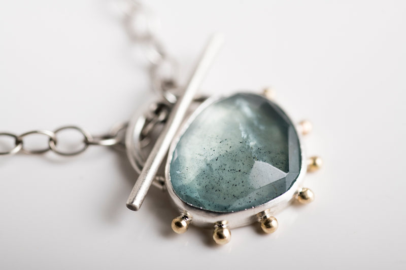 Callisto Moss Aquamarine Toggle Pendant in Silver w/ 14k Gold