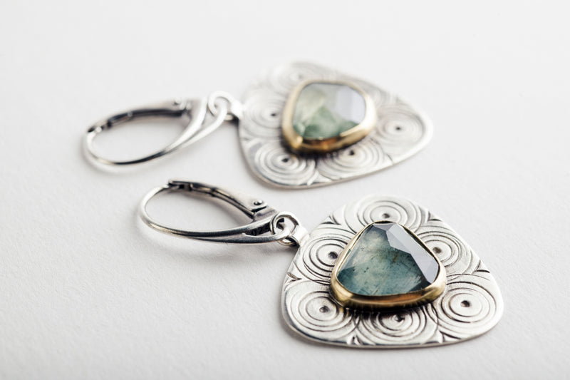 Calais earrings w/ Moss Aquamarine in Silver & Gold