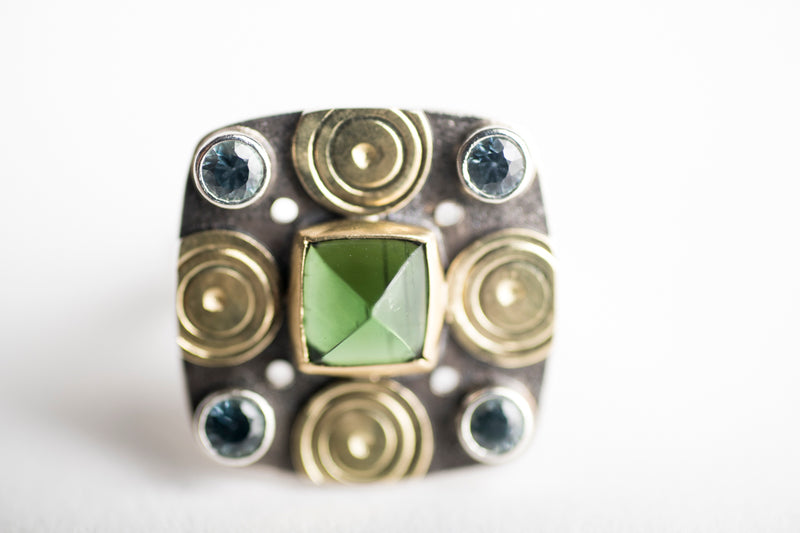 Catalonia Green Tourmaline & Sapphire Ring in 18k Gold and Silver